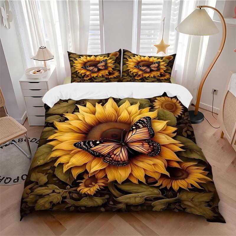 3pcs Sunflower & Butterfly Printed Quilt Set - Soft and Comfortable Quilt Cover for Bedroom, Guest Room L102