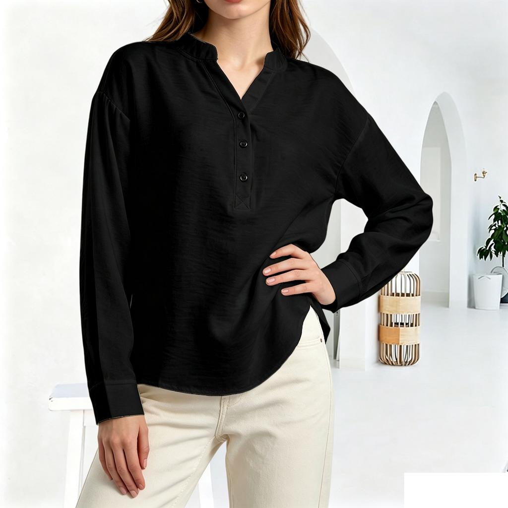 Women's Fashion Casual Loose Pleated Button-Up Long Sleeve  Color Pullover Shirt Top