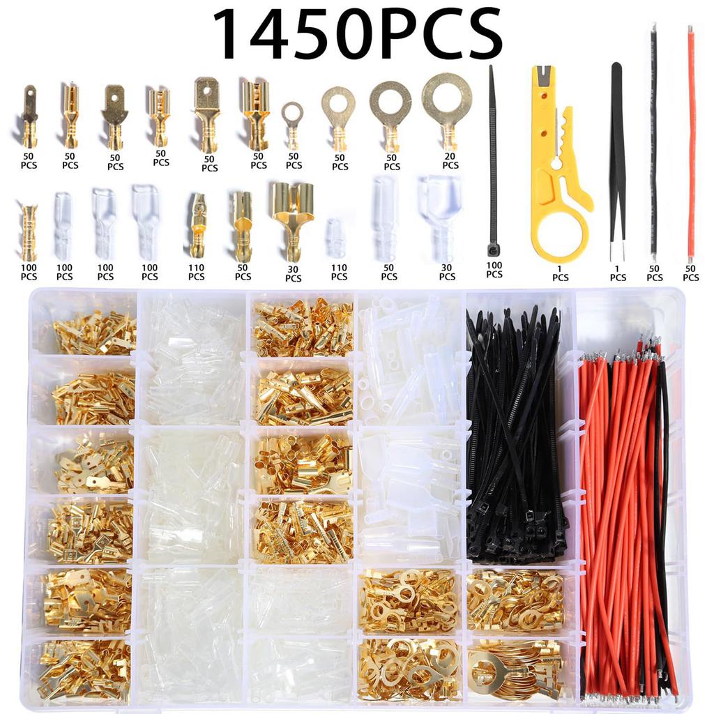Comprehensive Electrical Spade Terminals set 1450pcs Male/Female Connectors Wiring Terminals Assortment for Enthusiasts