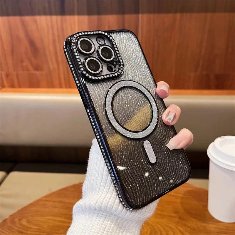 For iPhone 16 Pro Max Luxury Plating Flash Magsafe Magnetic Rhinestone Phone Case For iPhone 11 12 13 14 15 16 Plus Lens Cover