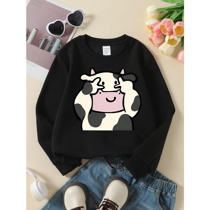 Crewneck Sweatshirt for Girls Featuring a Cow Print Design with Spots And a Smile, Machine Washable, Suitable for Spring And Autumn, Ideal for Sports