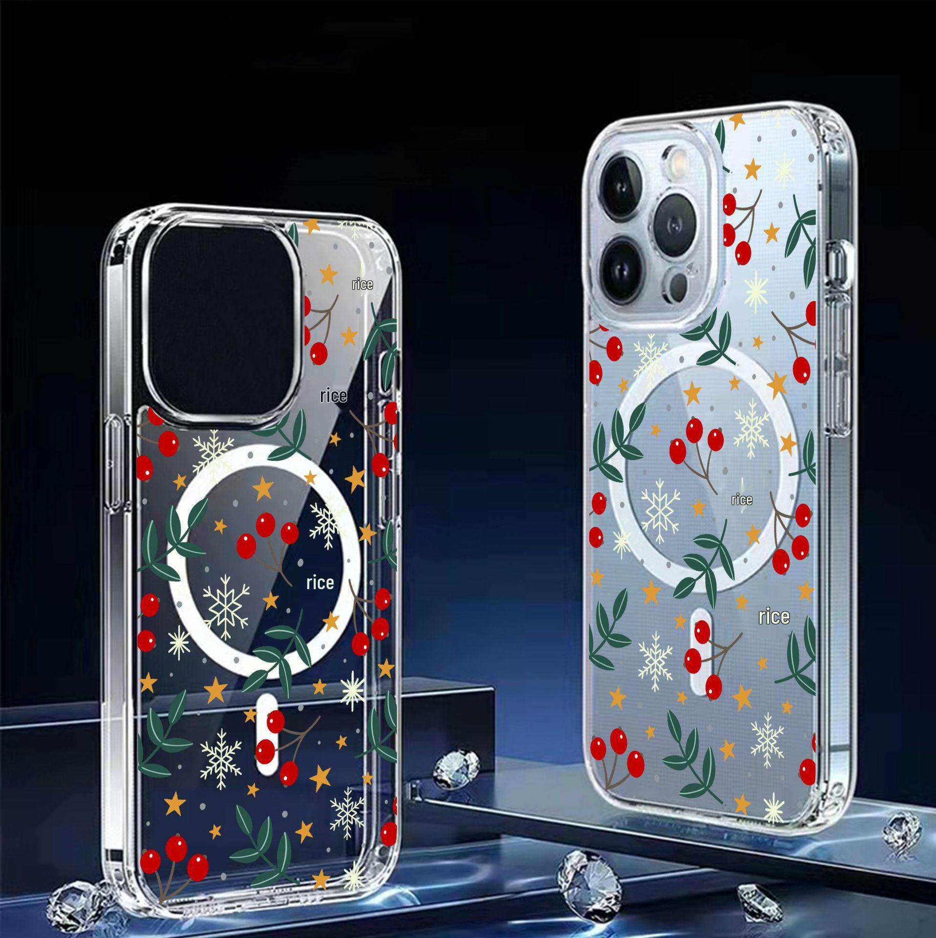 Transparent Snowflake Cherry Magnetic Case for iPhone 15/16/17 Pro Max - Full Coverage Protection iPhone 14 Pro Max
