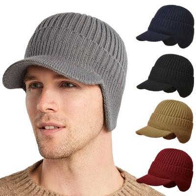 Casquette de baseball chaude d'hiver pour hommes, chapeau épais en peluche tricoté avec cache-oreilles, sport de plein air, coupe-vent, protection des oreilles, casquette à visière en laine