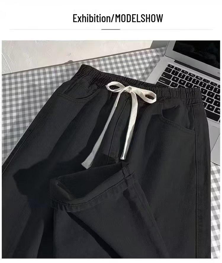 Women's Black Elastic Waist Wide-Leg Jeans – Loose-Fit, Slimming, Thick Fabric for Spring & Autumn