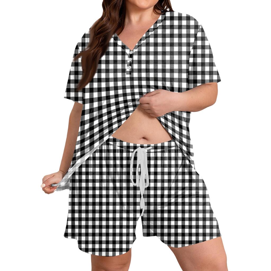 Women's Plus Size Casual Two Piece Set Short Sleeve Top and Drawstring Shorts Relaxed Fit Lounge Wear Summer Outfit