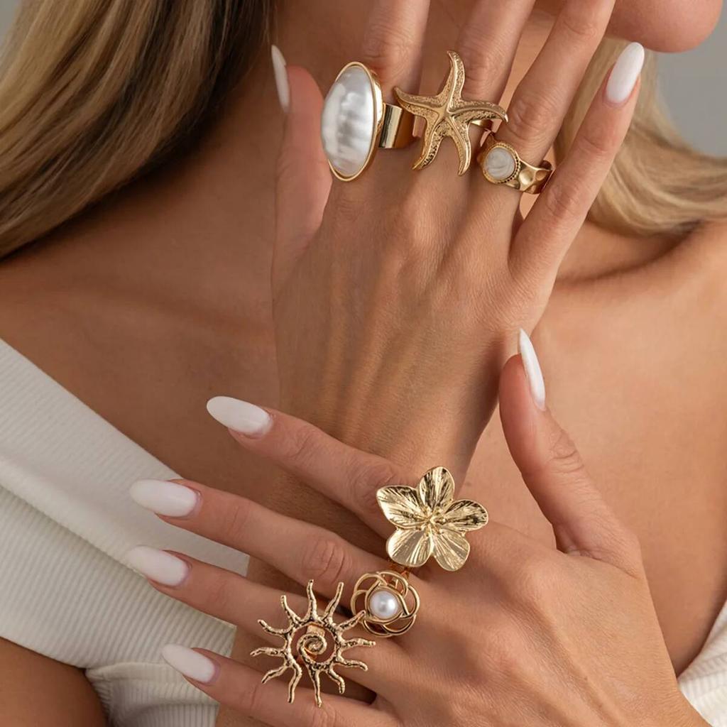 SHIXIN 6Pcs/Set Trendy Sun Flower Starfish Open Rings Women Vintage Imitation Pearl Ring Summer Beach Party Wedding Jewelry Gift