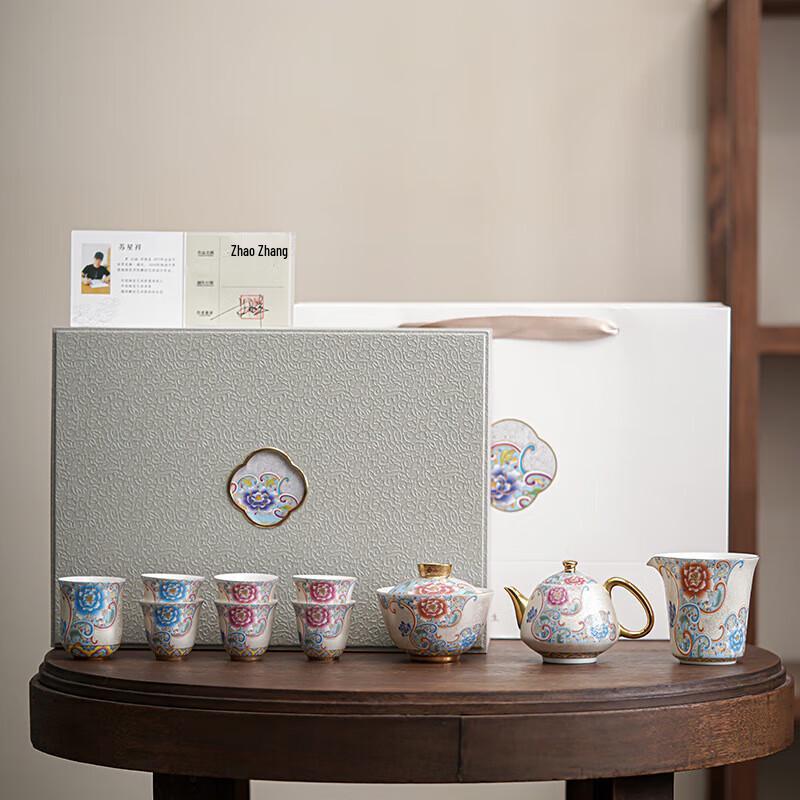Dehua Enamel Kung Fu Tea Set with Silver Filigree