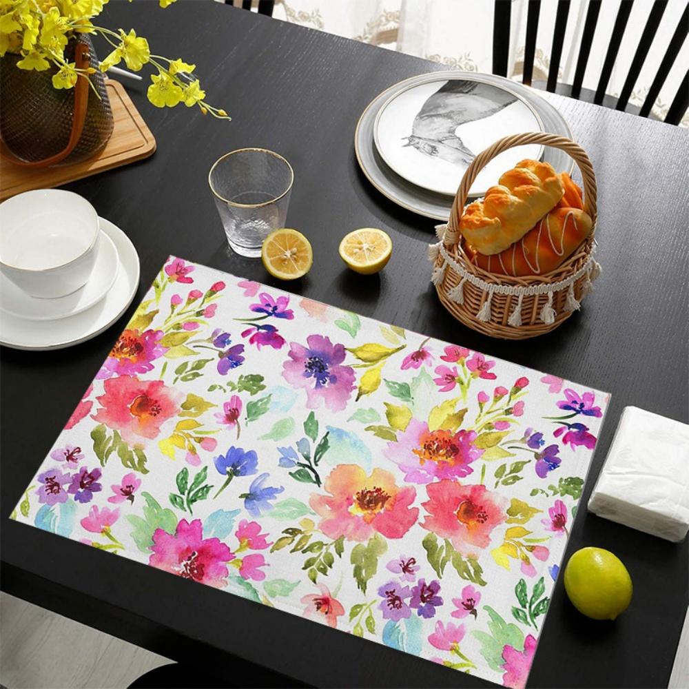 4/6/8pc Watercolor Blooming Flower Printed Linen Placemat Fresh Table Mat Decoration for Brunch Café & Casual Dining 4PCS