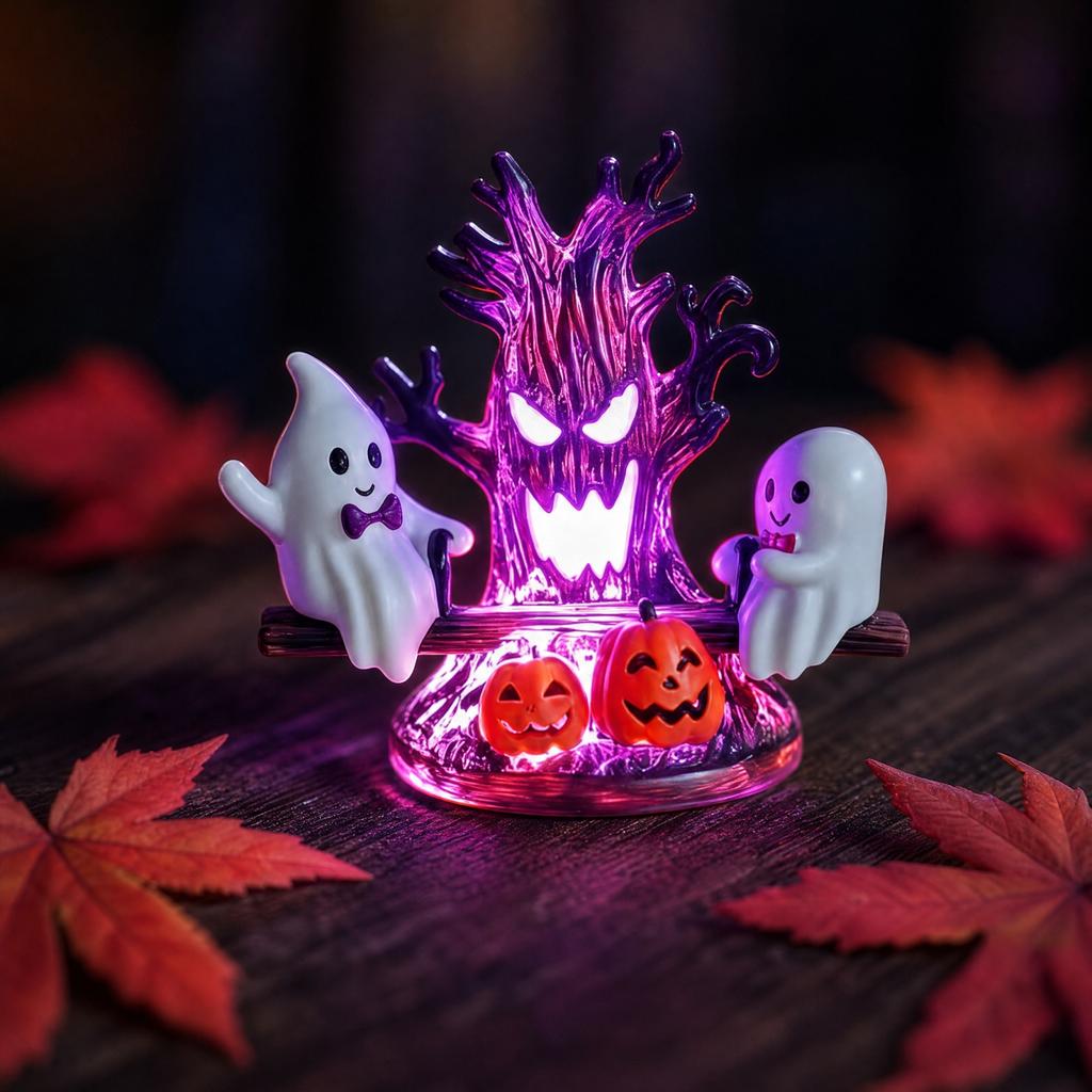 Halloween Seesaw Night Light, Colorful Glowing Resin Tree Pumpkin Decor for Bedroom Desk Fall Decoration