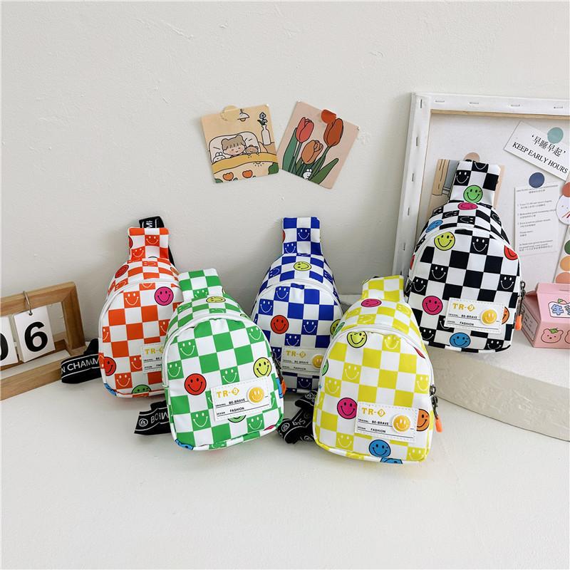 Smiling Face Chessboard Children Diagonal Shoulder Bag Casual Outdoor Storagebag