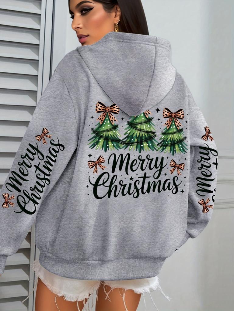 Merry Christmas Bow Tree Pattern Women'S Hoodie Casual Hoodie Autumn Hooded Sweater