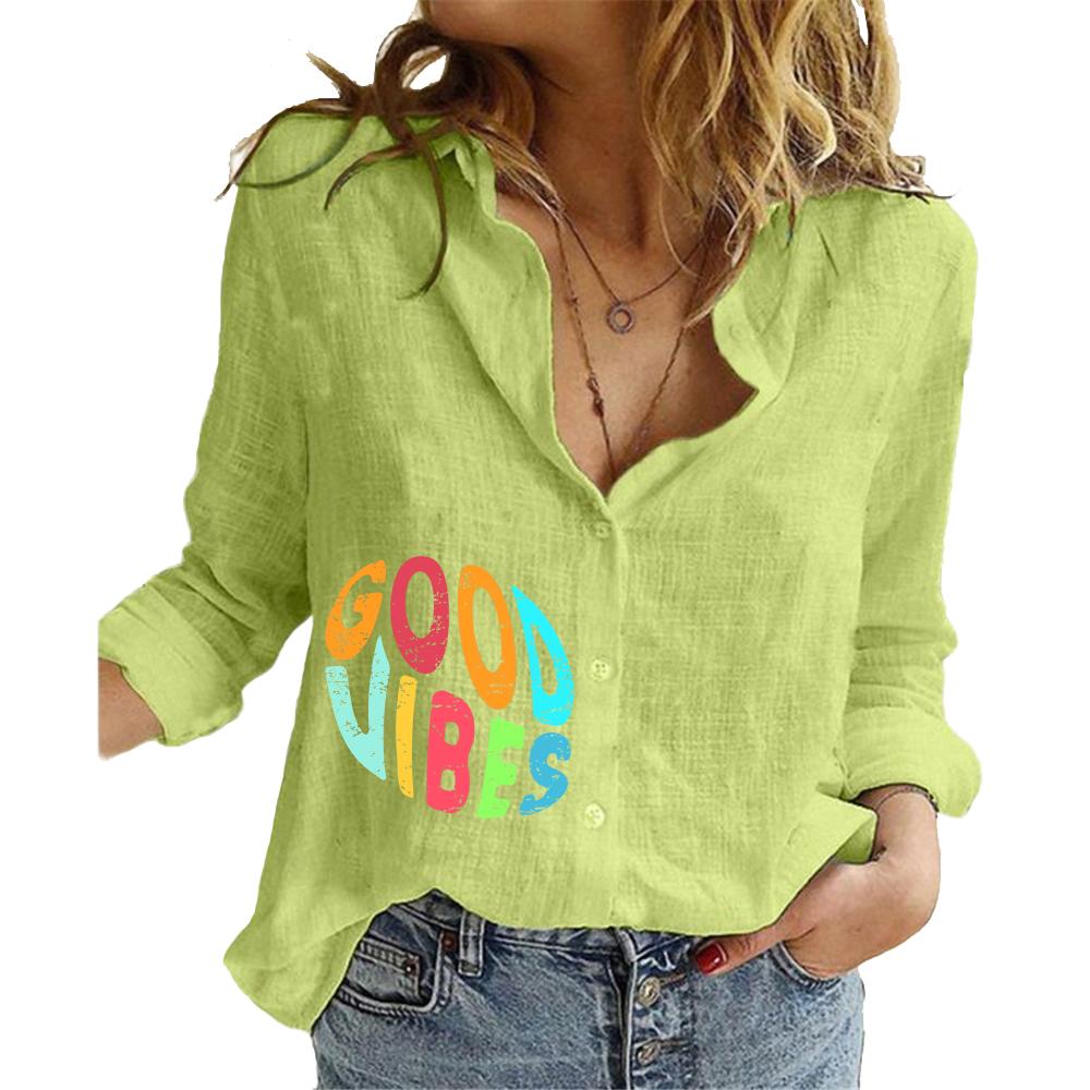 Women Fashion Cotton Linen Shirt Floral Print Long Sleeve Top Ladies Casual Stand-neck Buttoned Blouse