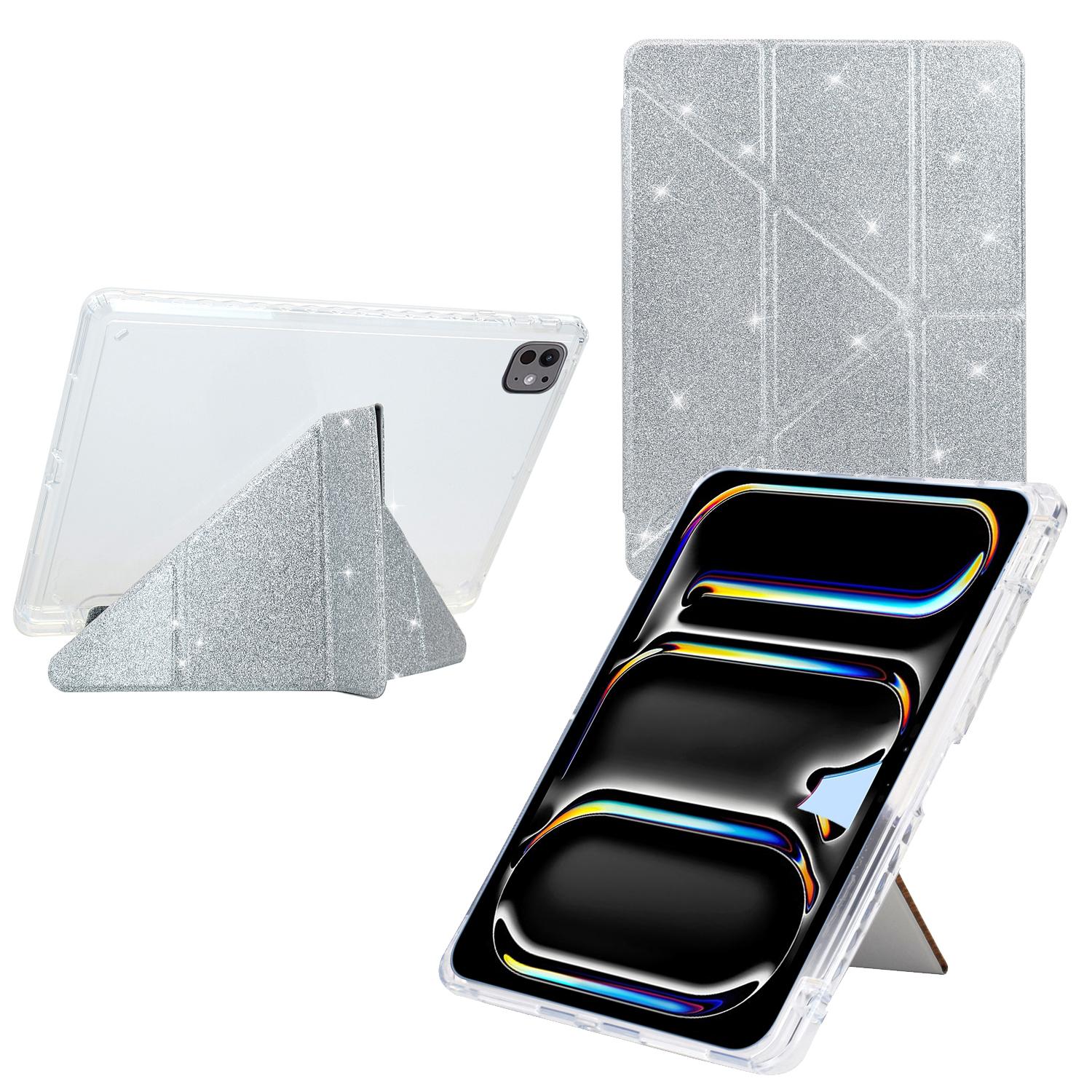 

For iPad Pro 11 (2024) Case Y-Fold Stand Glitter Leather TPU Acrylic Clear Tablet Cover Silver