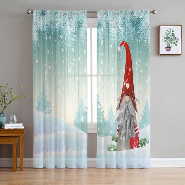Christmas Gnome Wood Grain Snow Tulle Curtains For Living Room Decoration Modern Chiffon Sheer Voile Christmas Curtains