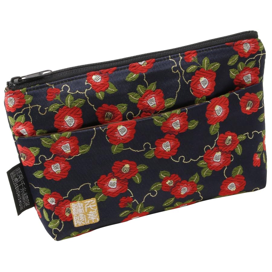 Senshishuin Nishijin Brocade PouchShrine Stamp Book Case (Lined) Navy Blue Snow-Wrapped Camellia (Small)