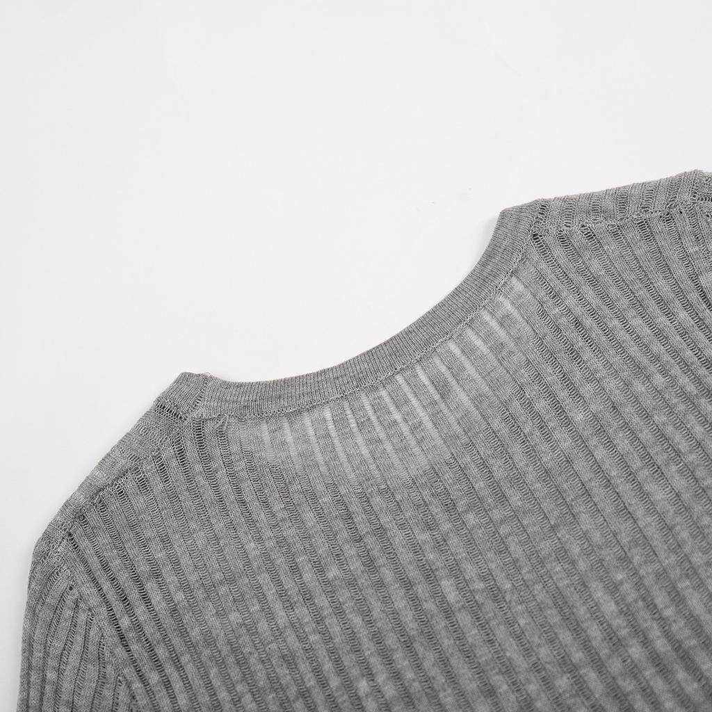 GMXIA Cut-out Knit Sweater Spring and Summer Sexy Slim Wool Round Neck Long-sleeved Thin Pit-stripe Knit Sweater