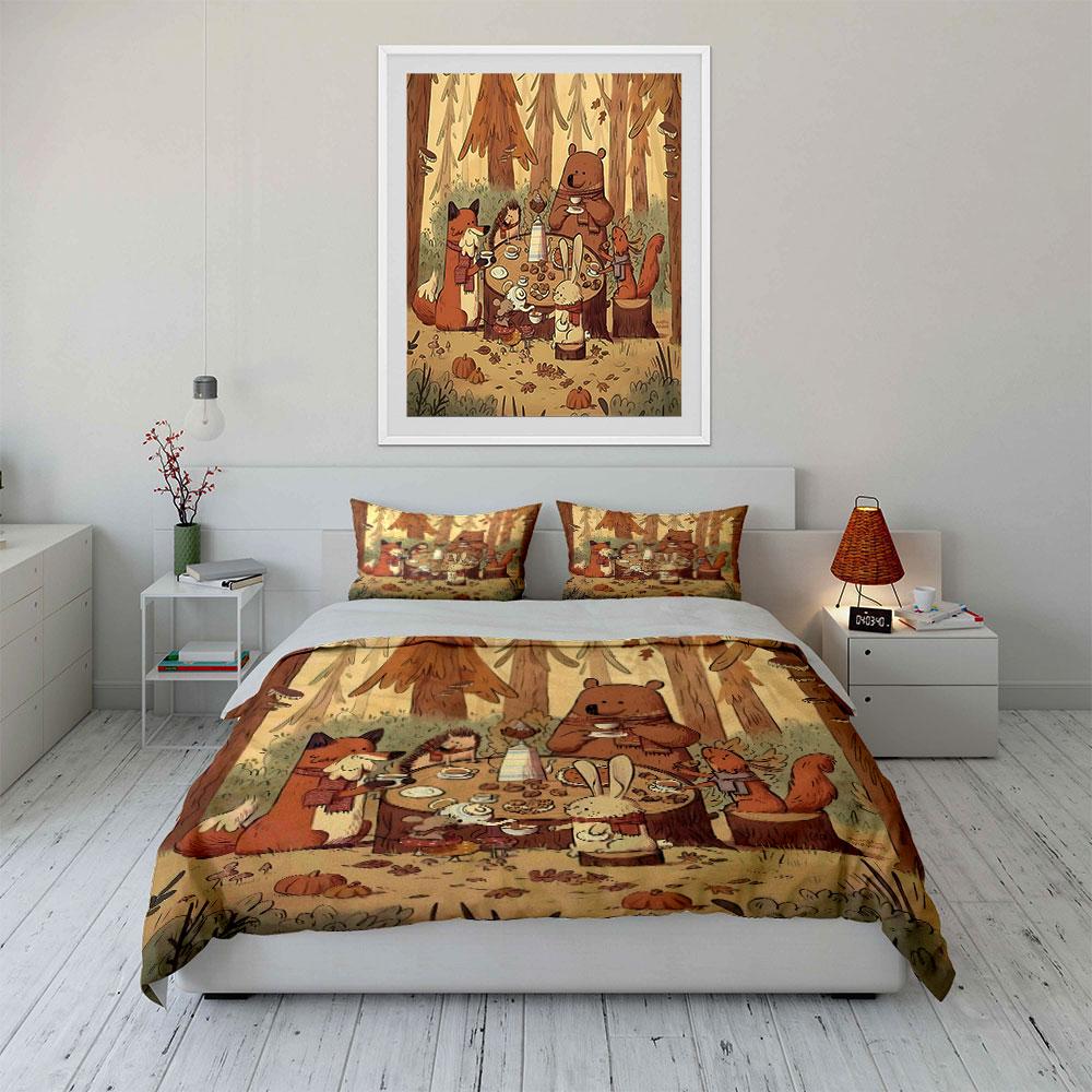 Cozy Woodland Animal Tea Party Printed Duvet Cover Set1 Duvet Cover+2 Pillowcasemulti Size Bedroom Bedding Decor Luxury Gifts
