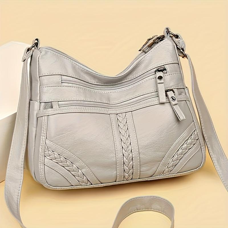 Weiche graue gewebte Leder-Hobo-Tasche mit mehreren Reißverschlusstaschen und verstellbarem breitem Riemen Vielseitige Schulter-Crossbody-Tasche für Damen