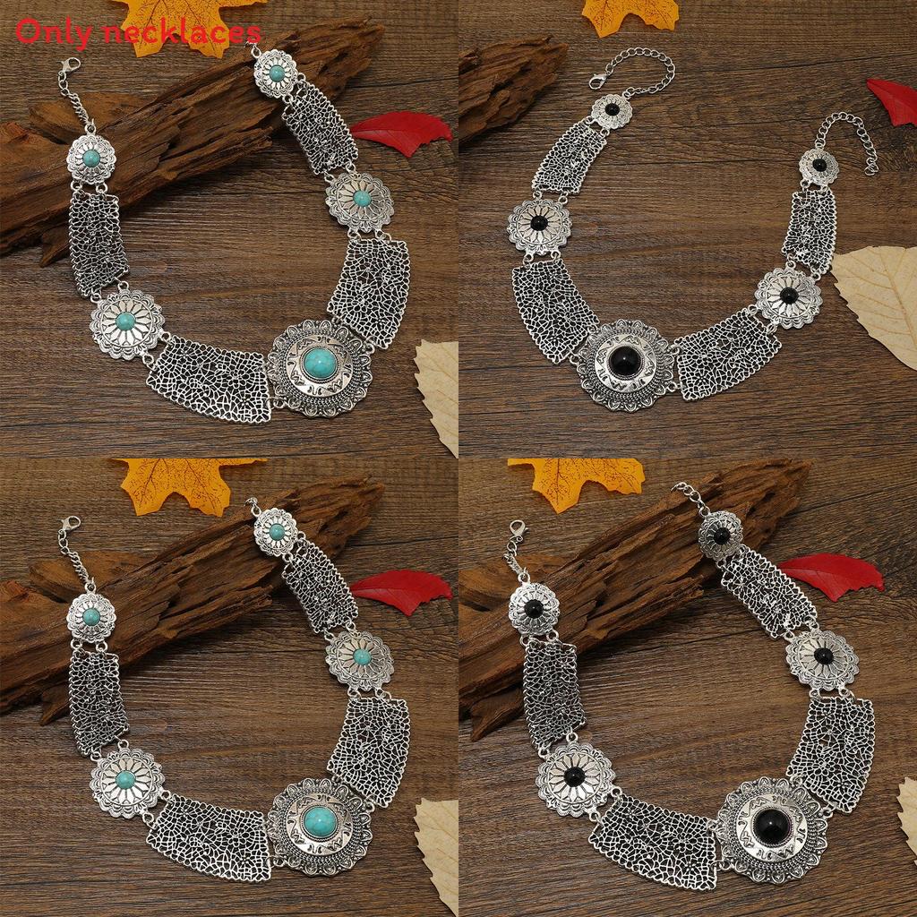 Ethnic Style Simulation Gemstone Decoration Hollow Design Women Metal Necklace For Women With Vintage Style And Water Wave Chain