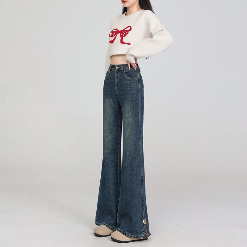 Spring Women's Plus Size Micro-Flare Elastic Jeans - Loose Slimming Split Cropped Pants for Petite