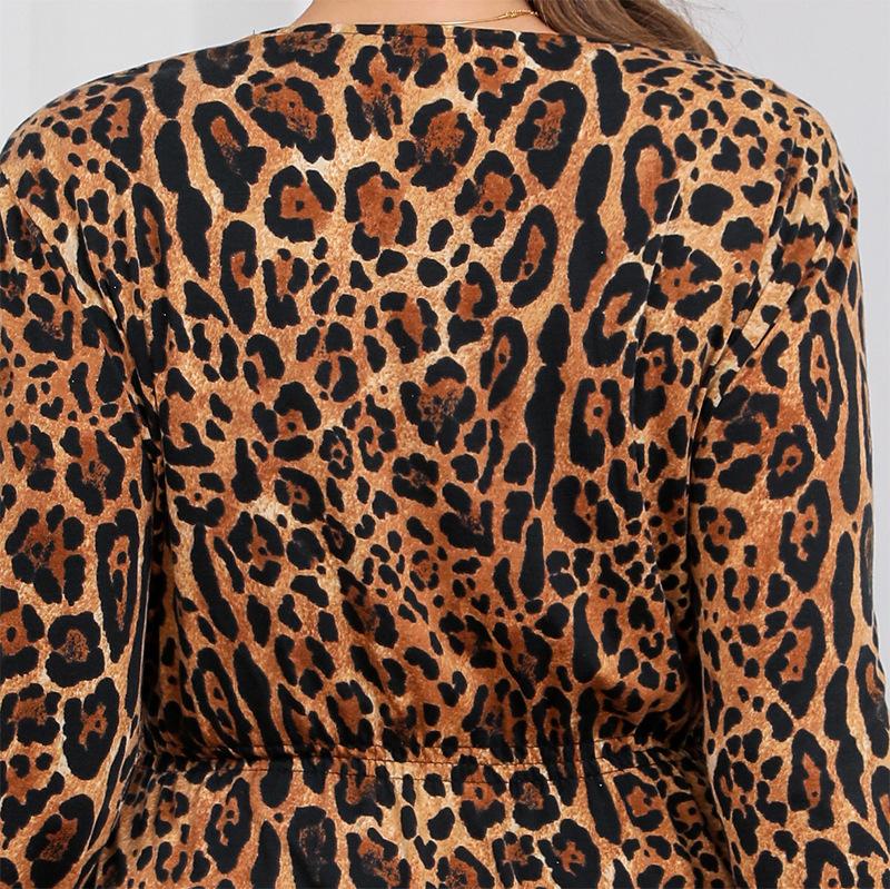 Podzimní vysoce elastické pletené leopardí šaty s výstřihem do V, střední délky, plus size, dámské sexy šaty s dlouhým rukávem