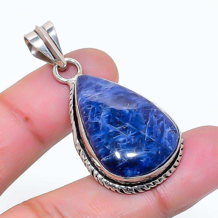 Natürlicher Sodalith Edelstein Handgefertigter 925er Sterling Silber Anhänger 1,69" AP-15586