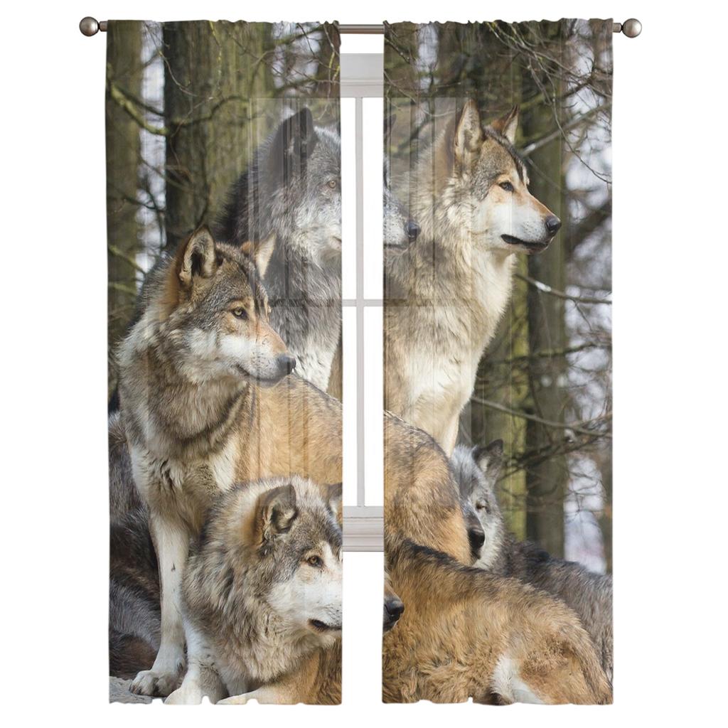 Wolf Forest Animal Tylové závěsy do obývacího pokoje Voile Průsvitný okenní závěs do ložnice Šifonové závěsy do kuchyně