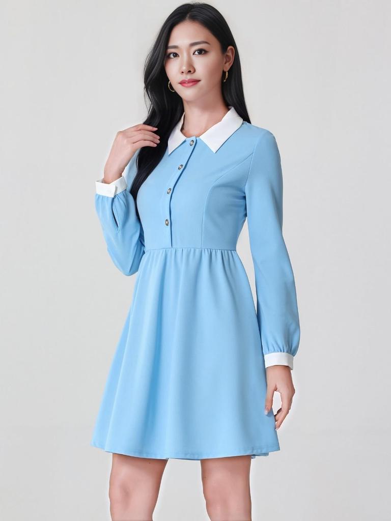 Allegra K Women's Light Blue A-Line Short Dress with Long Sleeves, Vintage Design, Round Collar, and Contrast Half Placket, Size L