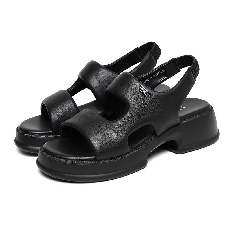 2025 new summer outer wear slippers sports style beach leather platform sandals versatile temperament sheepskin non-slip women's shoes
