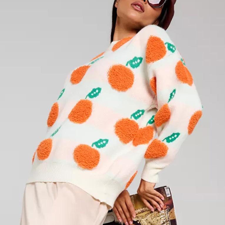 Casual loose orange plush jacquard round neck long sleeved thick knit pullover sweater for women 3551 EMA