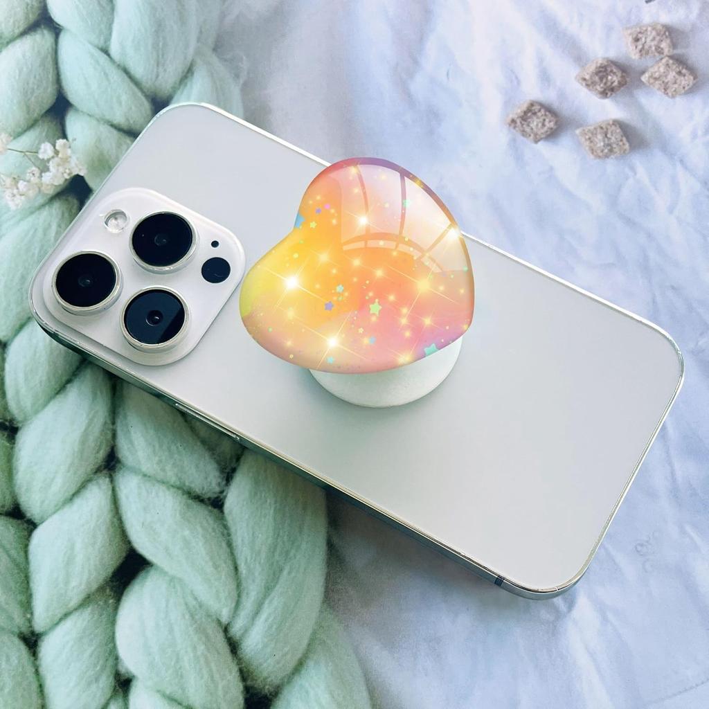 Luhoit Expandiing Cell Phone Grip Heart Shape Glass Finger Holder for Smartphones, Cellphone Collapsible Stand - Orange Glitter
