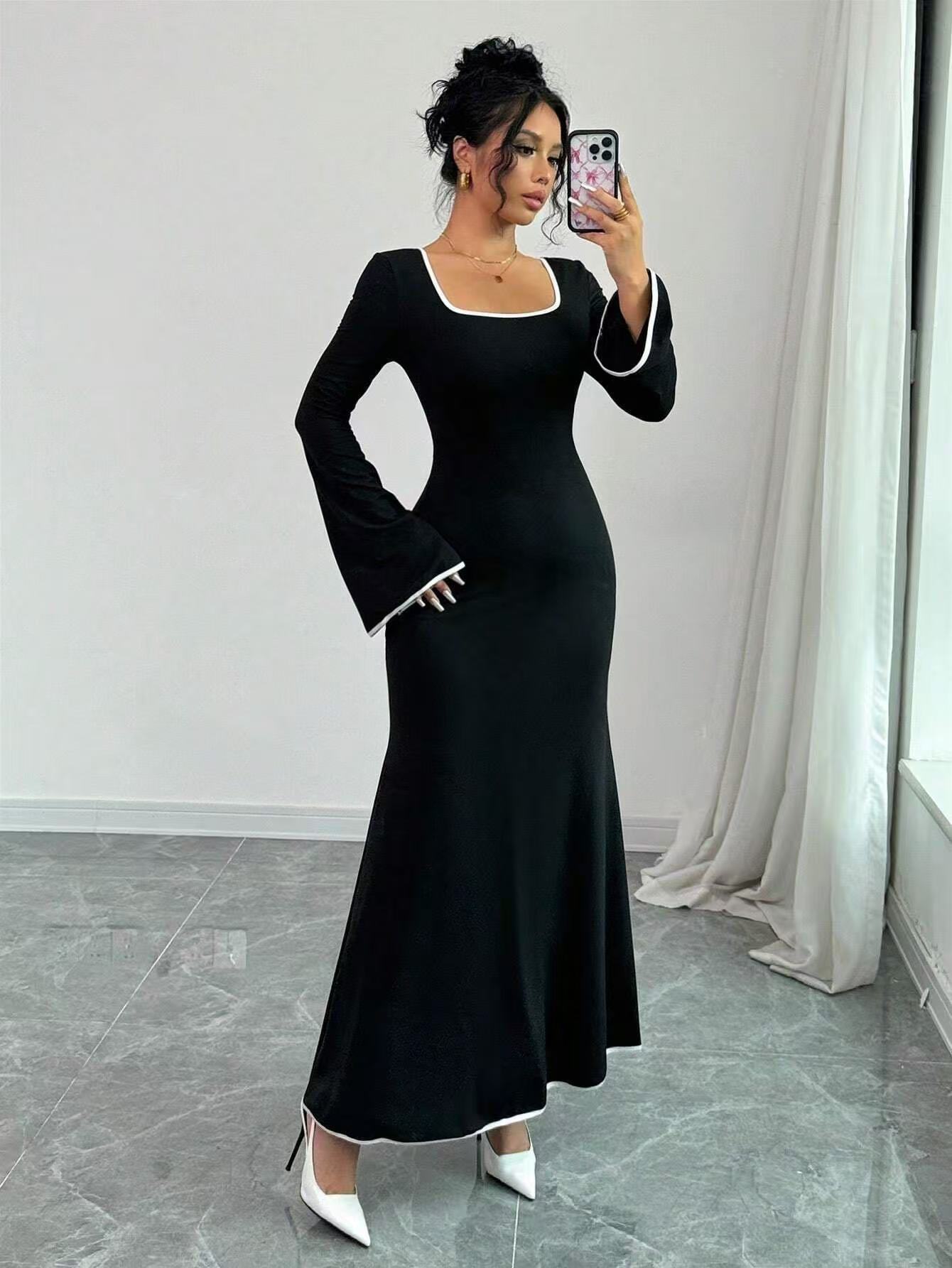 Women s Square Neck Contrast Color Long Sleeve Dress S