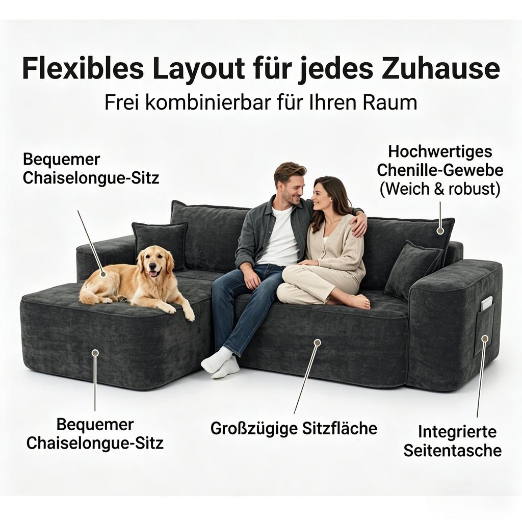 L-Shape Corner Sofa, Cloud Sofa, 264cm (104") with Chaise Longue, XXL Deep Seat, No Assembly Required, Modular Sofa in Black Chenille for Living Room