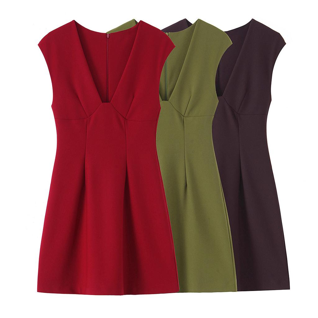 Summer Popular Women's Sleeveless V-neck Waist Dress, Multi-color Commuter Skirt
