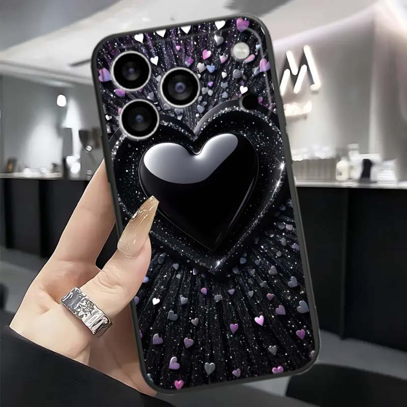 Luxurious Love Design Art Phone Case For Apple iPhone 17 16 16E 15 14 13 12 11 Pro Max Plus Black Soft Silicone