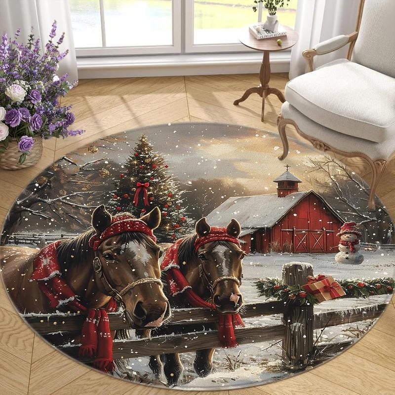 Winter Farm Theme Round Rug Rustic Country Style Forest Deer Horse Decor Carpet Home Indoor Decor Mat for Living Room Bedroom