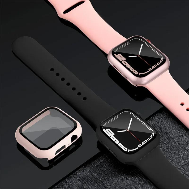 2PCS Tempered Glass+cover For Watch Case 44mm 40mm 42mm 41mm 45mm PC bumper Screen Protector iWatch series 9 8 7 6 5 3 se