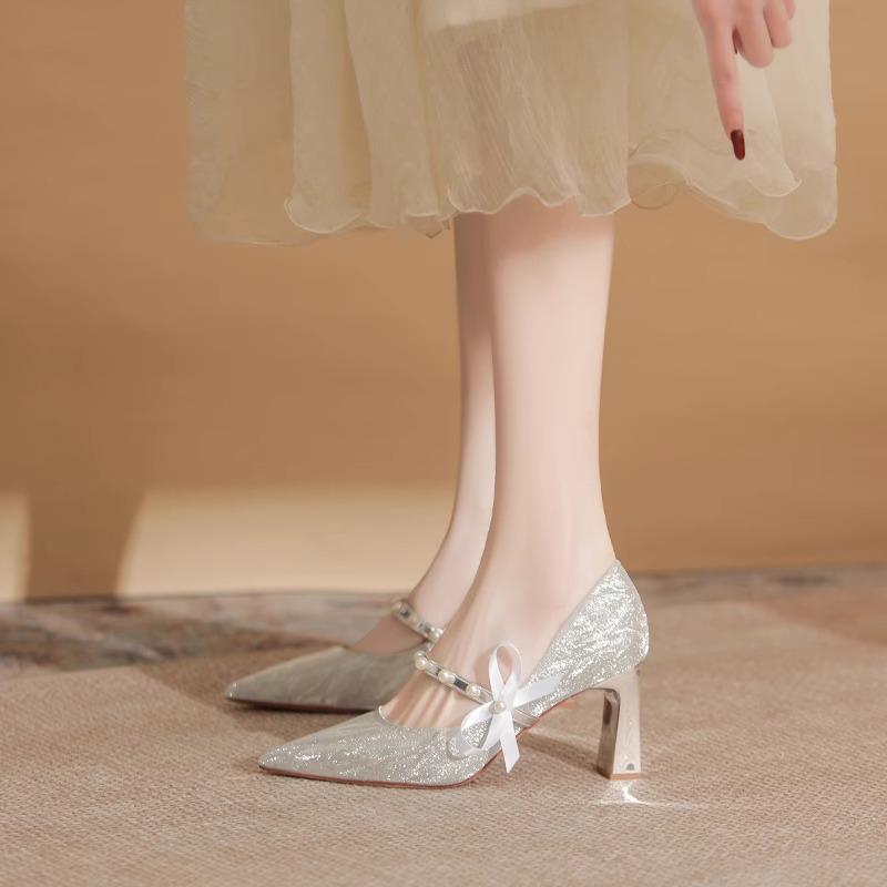 

French Chunky Heels: Shiny Crystal Wedding & Bridesmaid Shoes Size 40