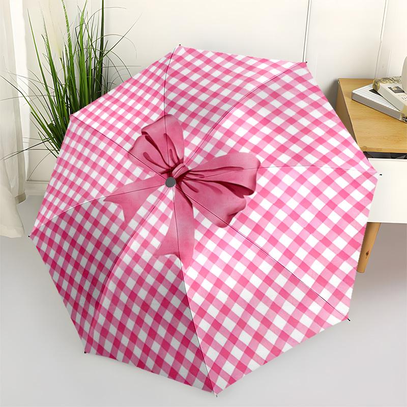 

1pc Pink Checkered Bow Automatic Umbrella Portable Home Essential Umbrella, Iron Umbrella Structure Suitable for All Seasons yy251123134