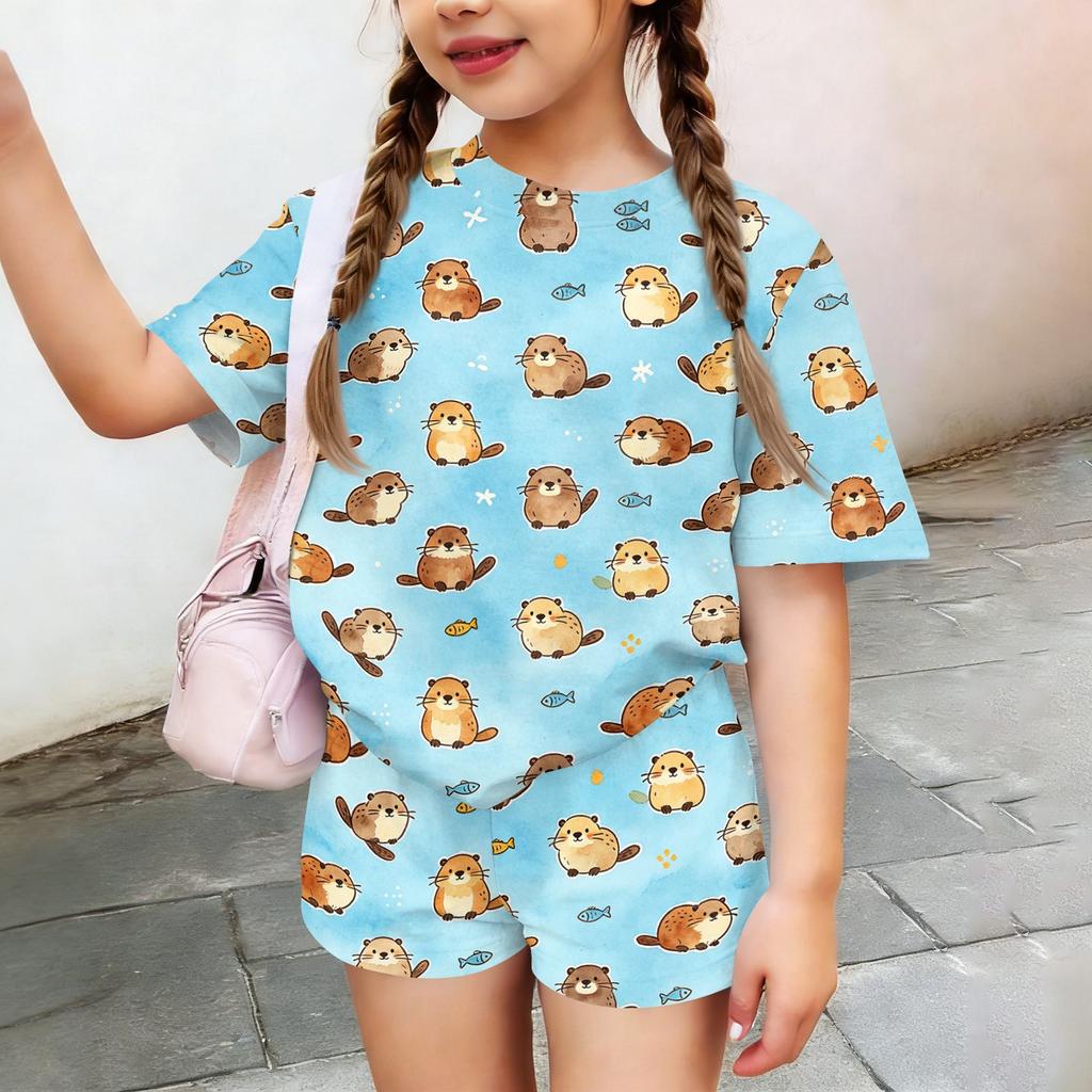 Kids Casual Short Sleeve Top and Shorts Set Animal Print Lightweight Comfortable Soft Fabric Summer Outfit for Boys and Girls