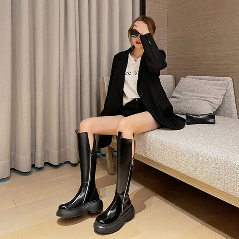 Модная обувь с круглым носком Кожа Черный Зима Высокие до колена Голенище Платформа — фото 5