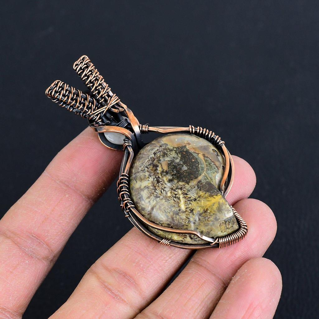 Ammonite Fossil 999 Copper Wire Wrapped Pendant, Handmade Gemstone Jewelry Pendant For Memorial Day