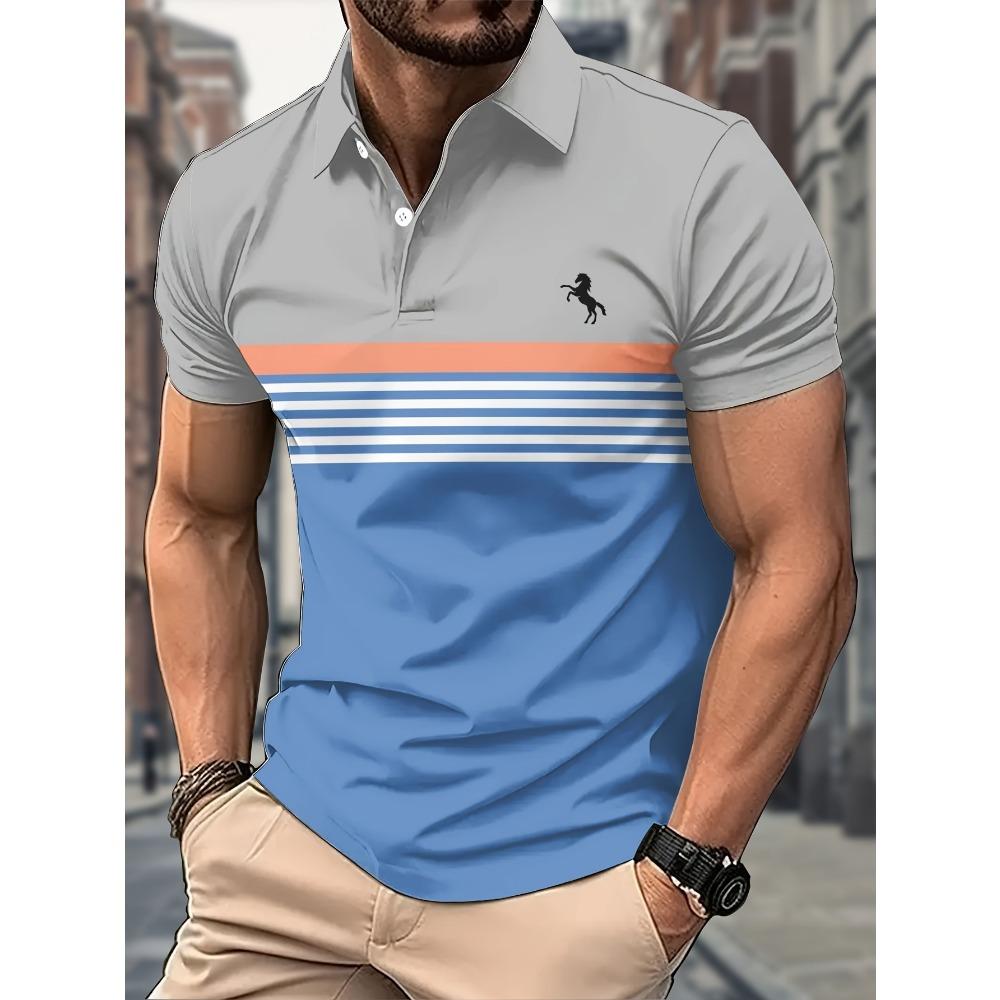 Fashion Men'S Casual Striped Polo Shirt, 100% Polyester Fabric, Regular Fit with Slight Stretch, Button Collar
