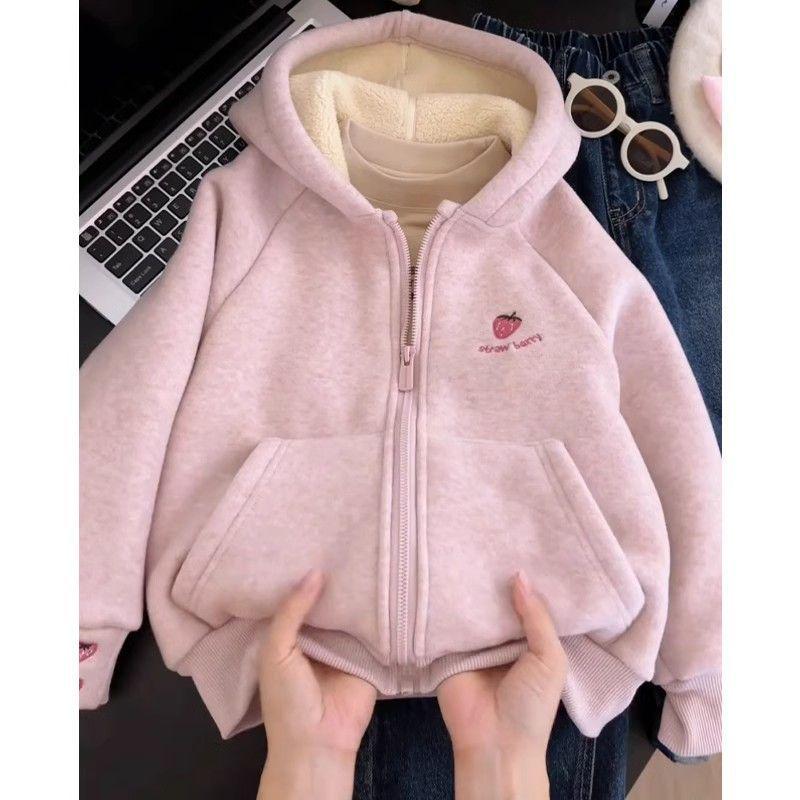 

Девичье пальто с капюшоном на флисовой подкладке - 2025 корейский стиль для осени/зимы, модное и утепленное для детей среднего и старшего возраста 100