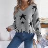 Women Casual Knit Pullover Sweater Long Sleeve V Neck Star Cut Autumn Winter