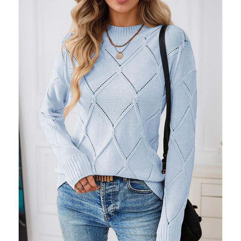 European and American Foreign Trade Women's Sweater, Solid Color Rhombus Hollow Round Neck Pullover Knitted Sweater Top Women