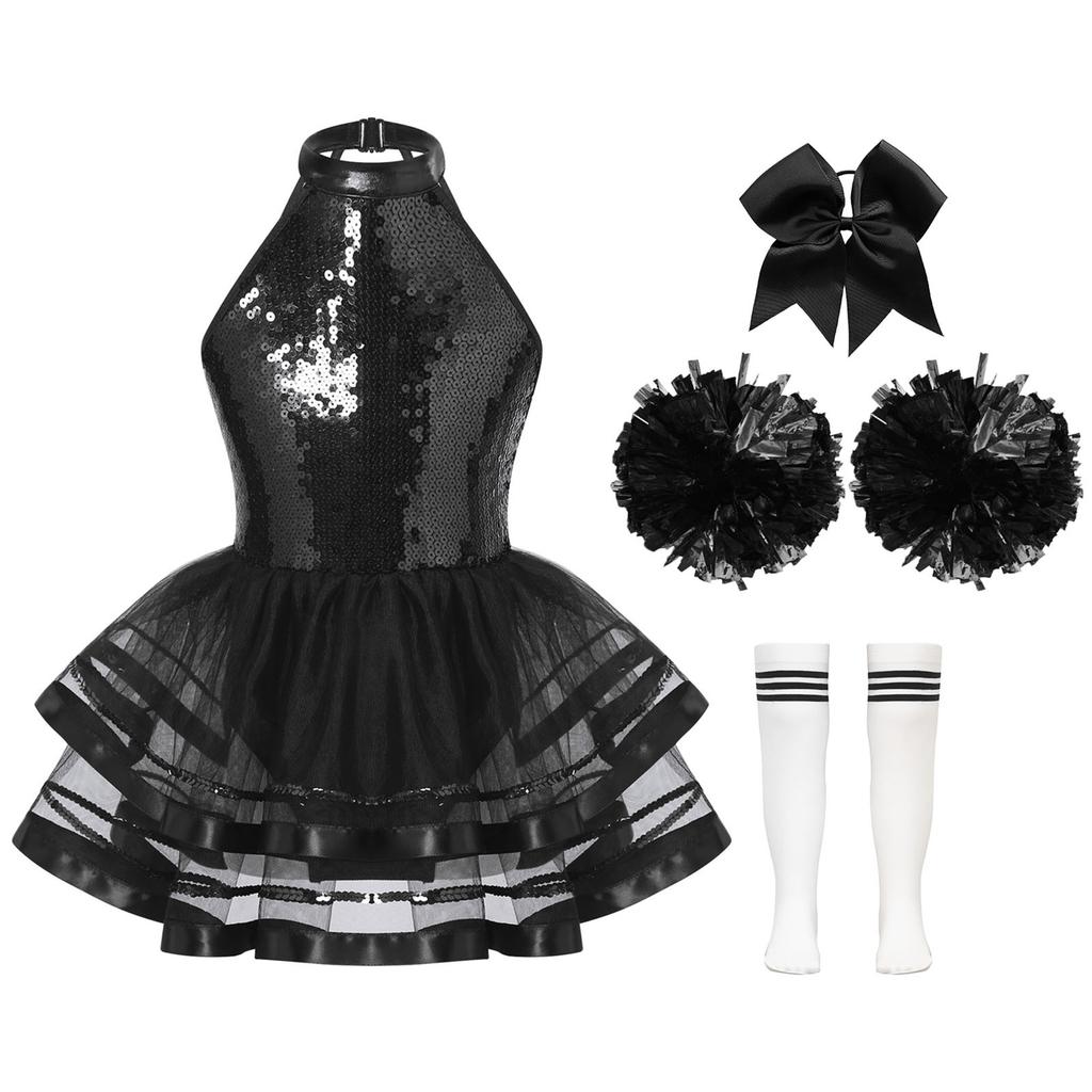 Girls Cheerleading Outfit Sleeveless Halter Sparkling Sequins Backless Tulle Tutu Dress Flower Balls Headwear Socks Set