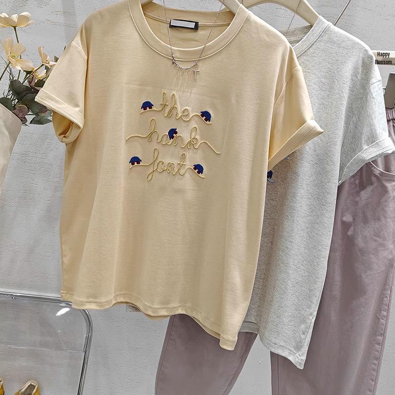 Women's Korean 3D Embroidered Cotton T-Shirt - Summer 2025 Loose Fit