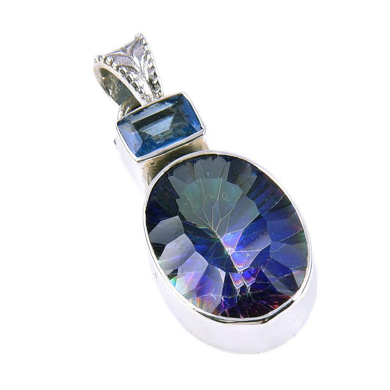 Natural Mystic Topaz,Blue Topaz 925 Solid Sterling Silver Pendant 1.50" r8R02
