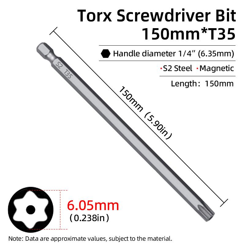 Magnetischer Torx-Schraubendreher-Bit, 150 mm, T6–T40, 1/4 Zoll Sechskantschaft, hohles Pflaumenblütenloch, Sicherheitsbits, S2-Stahl, elektrische Handwerkzeuge